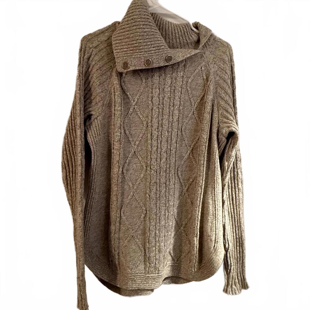 CABLE KNIT Split Collar w/Gold Button Long sleeve Tan Acrylic Sweater SZ L‎ Y2K
